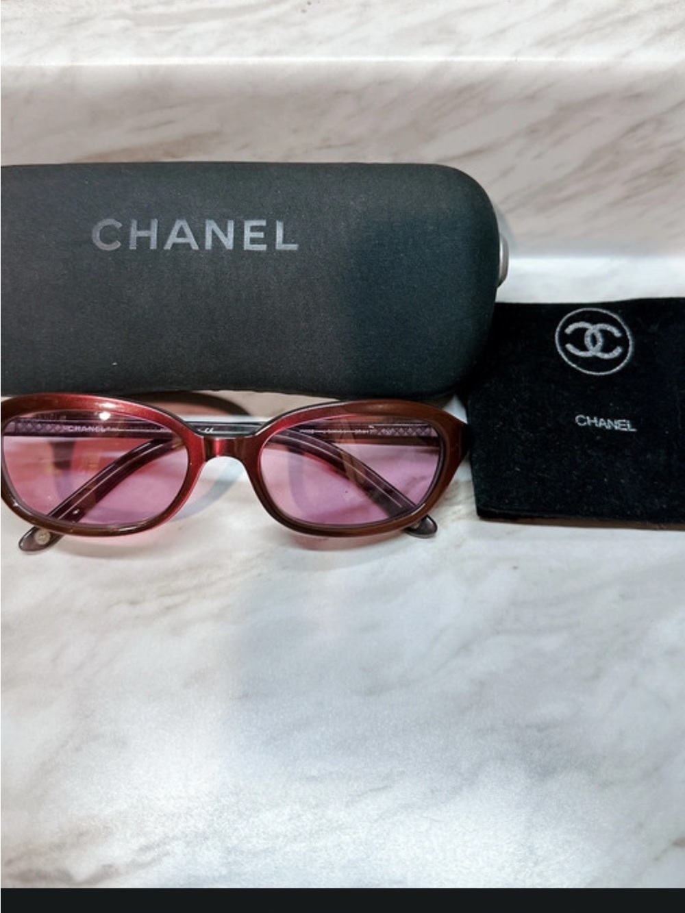 CHANEL Pink Lens Cat-Eye Sunglasses with Burgundy Frame